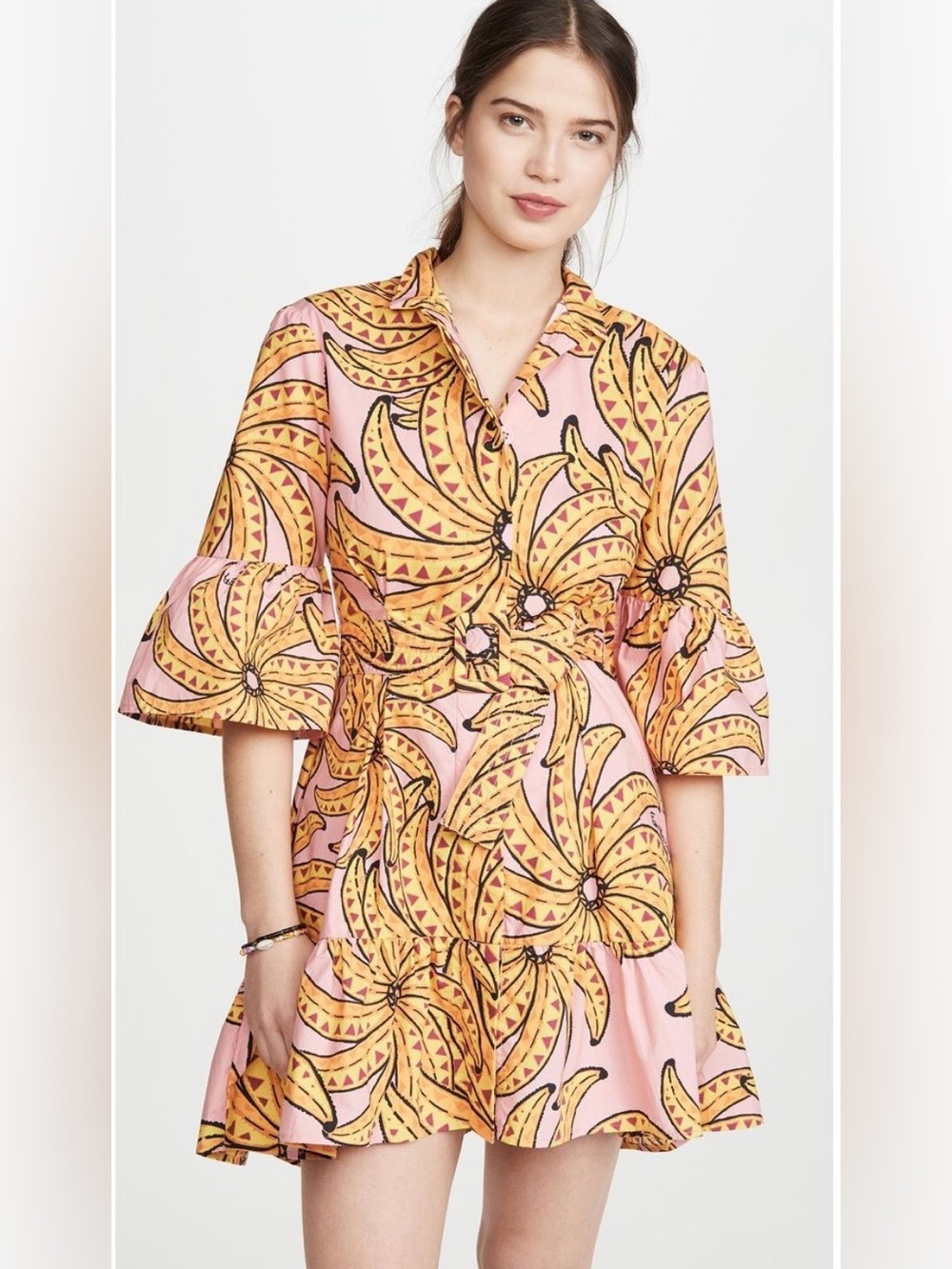 Farm Rio Banana Floral Printed Pink & Yellow Belted Mini Dress Size Small